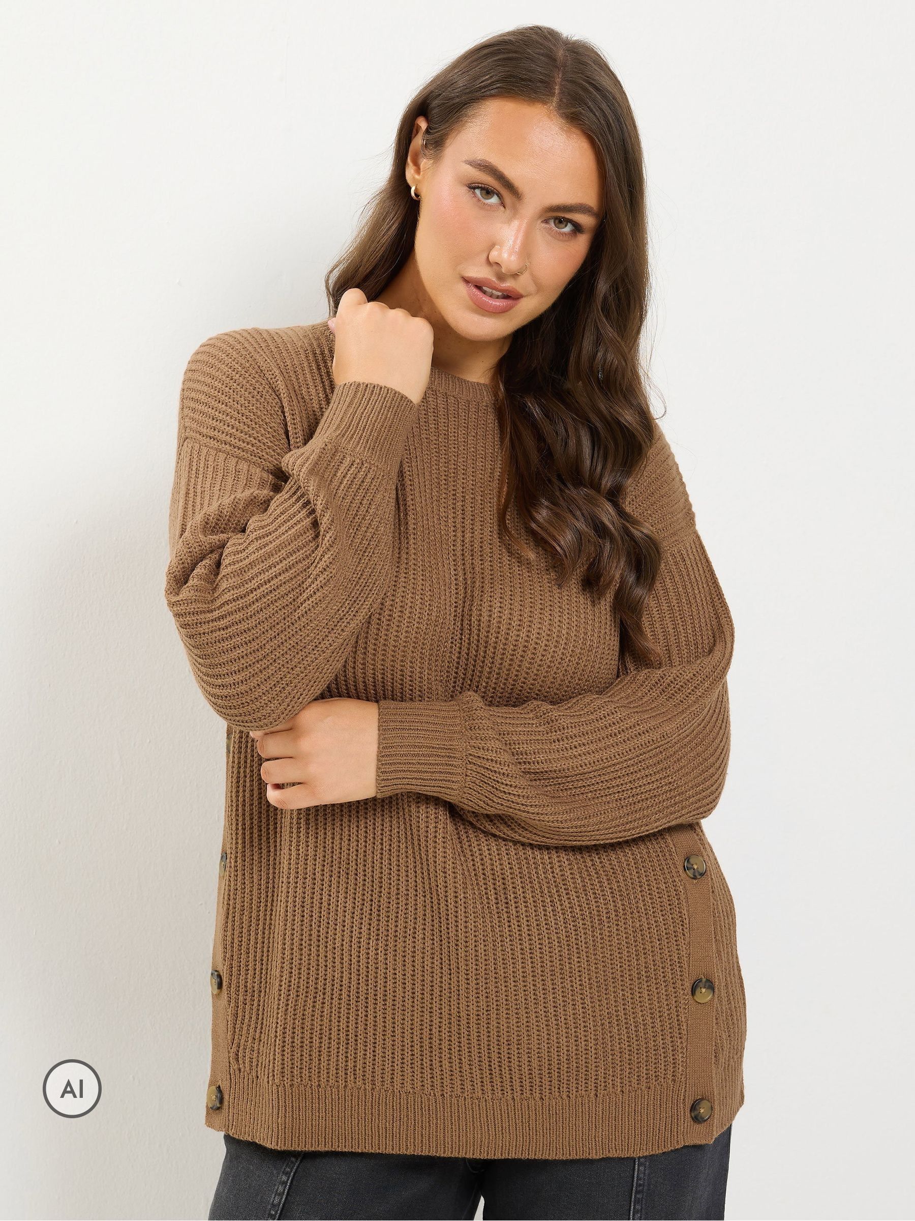 Yours Curve Women's Brown Side Button Knitted Jumper - Image 1