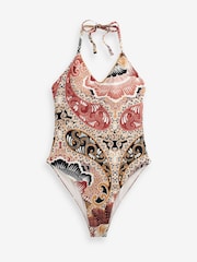 Ecru/Pink Paisley Halterneck Tummy Shaping Control Beaded Swimsuit - Image 5 of 5