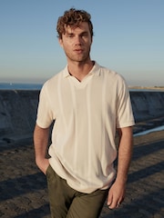 Ecru Cuban Collar Textured 100% Cotton Short Sleeve Polo Shirt - Image 2 of 7