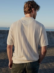 Ecru Cuban Collar Textured 100% Cotton Short Sleeve Polo Shirt - Image 3 of 7