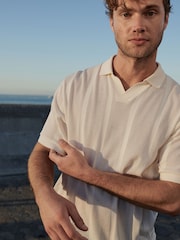 Ecru Cuban Collar Textured 100% Cotton Short Sleeve Polo Shirt - Image 4 of 7