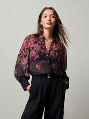 Schwarz - Langärmelige Bluse mit Blumen und Punkten​​​​​​​ - Bild 1 von 6