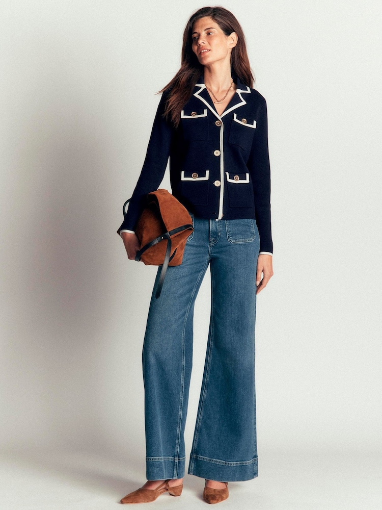 Boden Blue Phoebe Collared Knitted Jacket - Image 1 of 6 Boden Blue Phoebe Collared Knitted Jacket - Image 1 of 6