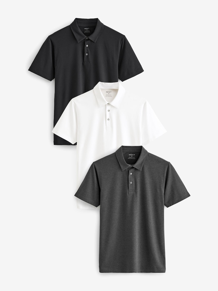 White/Grey/Black Muscle Fit Short Sleeve Jersey Polo Shirts 3 Pack - Image 1 of 9