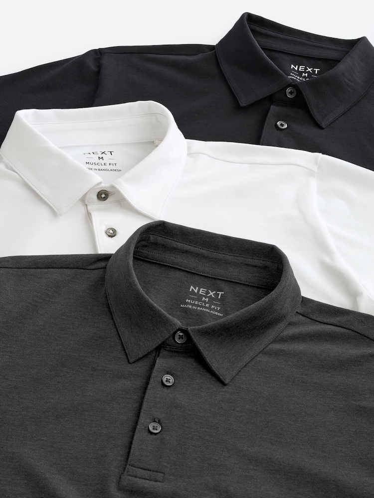 Weiß/Grau/Schwarz - Muskuläre Passform - Kurzärmlige Jersey-Polo-Shirts 3er-Pack - Image 8 of 9