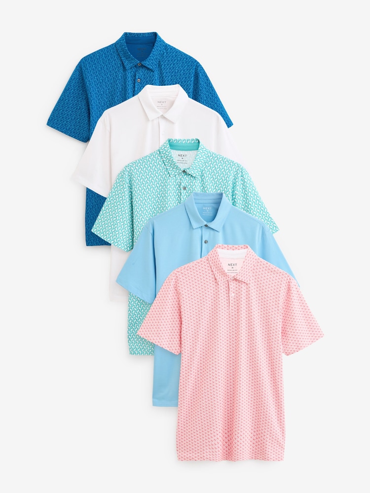 Blues/Green/White/Pink Print Regular Fit Regular Fit Short Sleeve Jersey Polo Shirts 5 Pack - Image 1 of 17