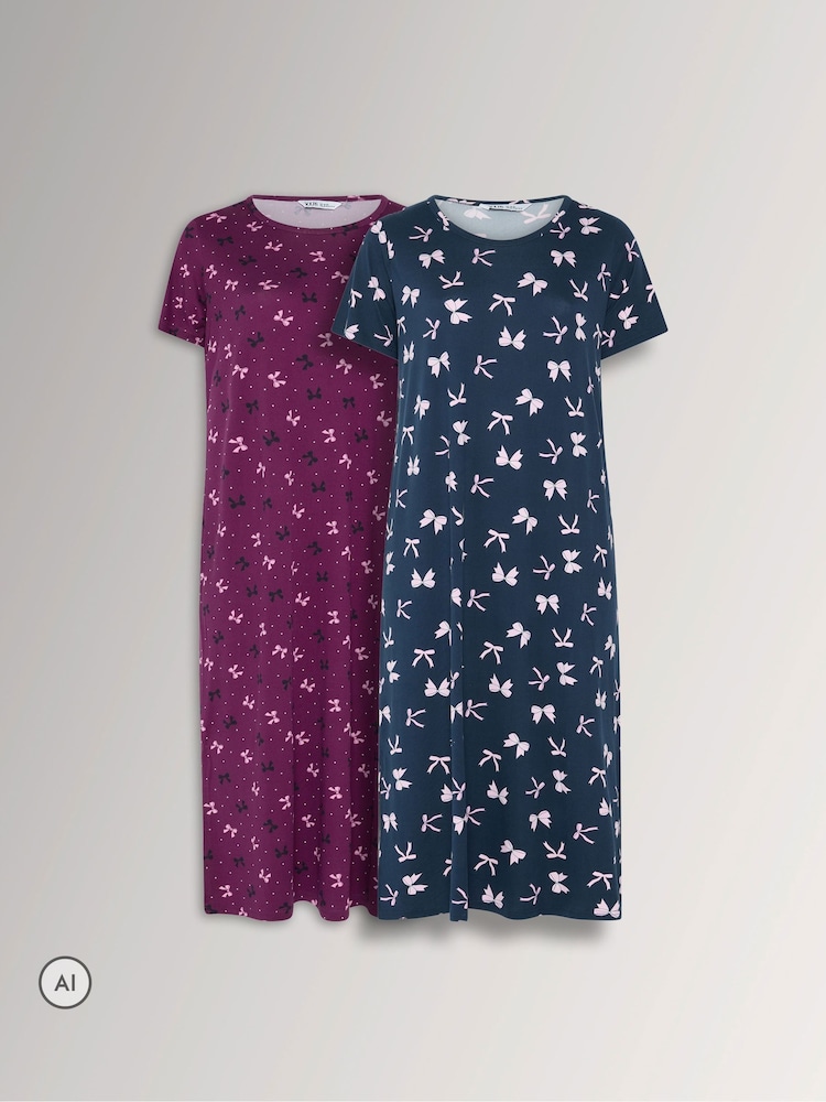 Yours Curve Animal Bow Print Soft Touch Nightdresses 2 Pack - Image 1 of 6 Yours Curve Animal Bow Print Soft Touch Nightdresses 2 Pack - Image 1 of 6