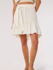 Apricot Cream Button Tier Mini Tie Skirt With Linen - Image 1 of 4
