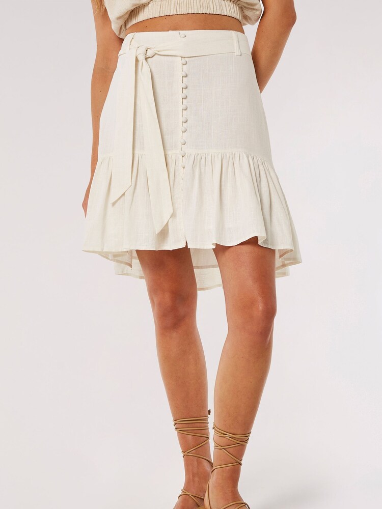 Apricot Cream Button Tier Mini Tie Skirt With Linen - Image 1 of 4