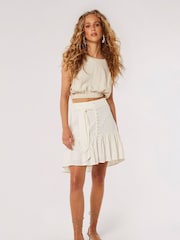 Apricot Cream Button Tier Mini Tie Skirt With Linen - Image 3 of 4