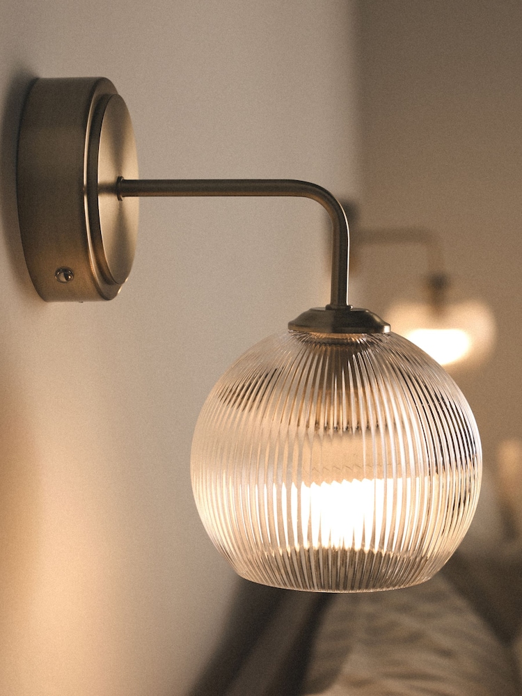 The Set 2 Pack Brass Rechargeable Ribbed Glass Round Wall Lights - Image 2 of 6
