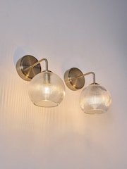 The Set 2 Pack Brass Rechargeable Ribbed Glass Round Wall Lights - Image 3 of 6