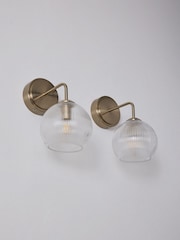 The Set 2 Pack Brass Rechargeable Ribbed Glass Round Wall Lights - Image 4 of 6