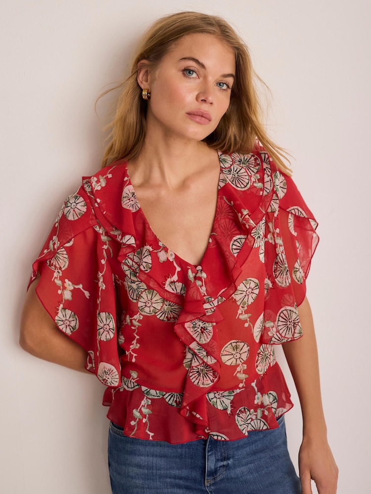 Mint Velvet Red Printed Ruffle Blouse - Image 1 of 7