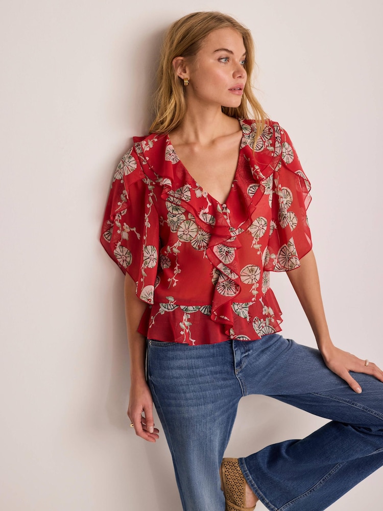 Mint Velvet Red Printed Ruffle Blouse - Image 2 of 7