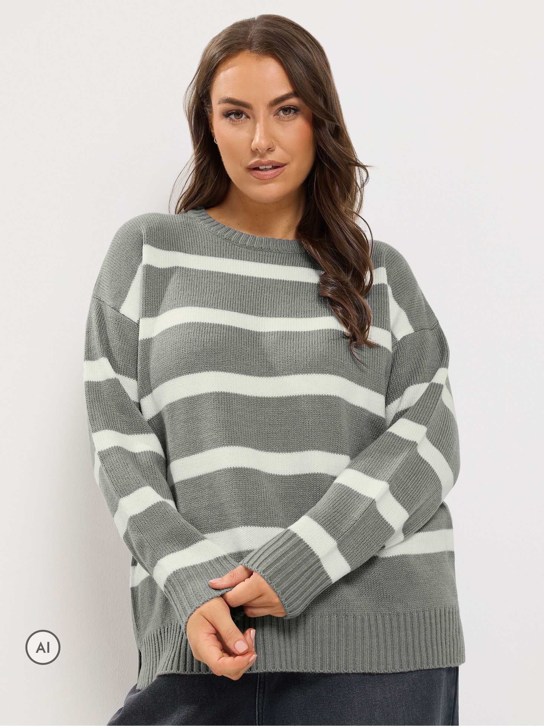 Yours Women's Grey Stripe Knitted Jumper In | Size: 30/32 - Image 2