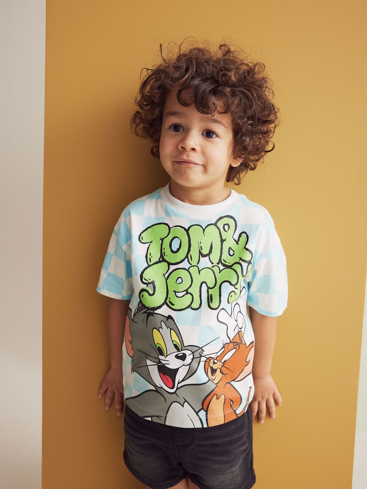 Blue/White Check Tom and Jerry Short Sleeve 100% Cotton T-Shirt (3mths-8yrs) - Image 1 of 8
