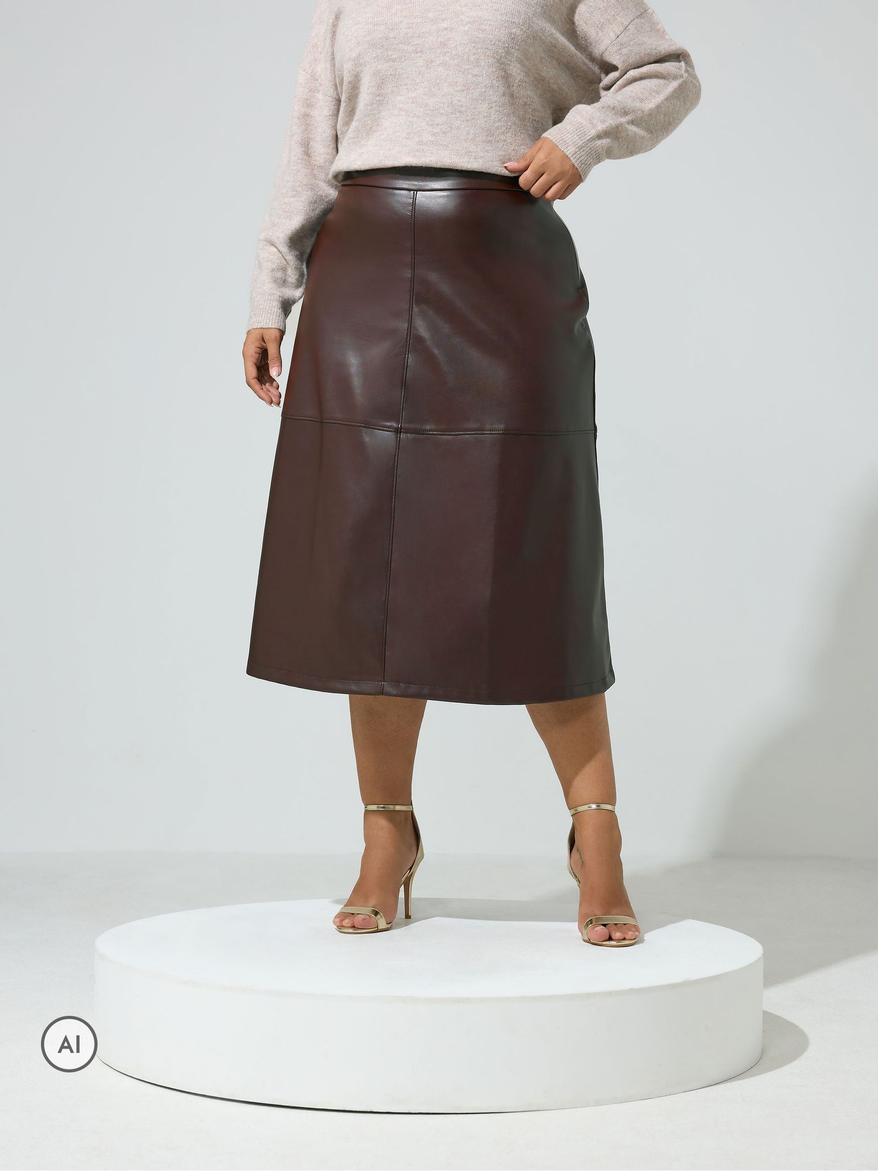 Yours Curve Women's Brown Faux Leather Skirt