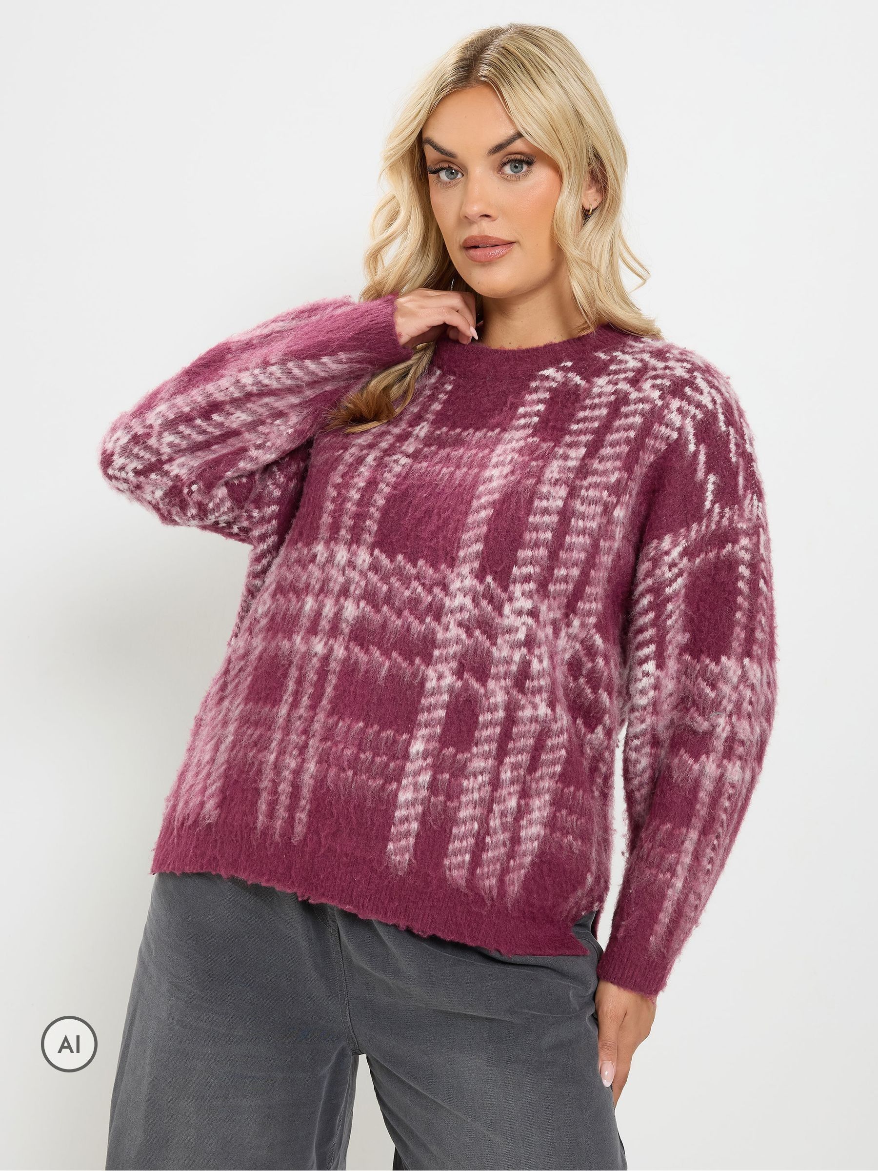 Yours Women's Brushed Check Knitted Jumper in Purple | Size: 30-32 - Image 2