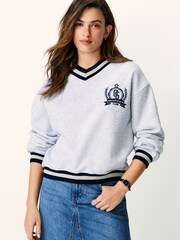 Grey Tipped V-Neck Preppy Varsity Collegiate Graphic Slogan Sweatshirt - Image 1 of 7