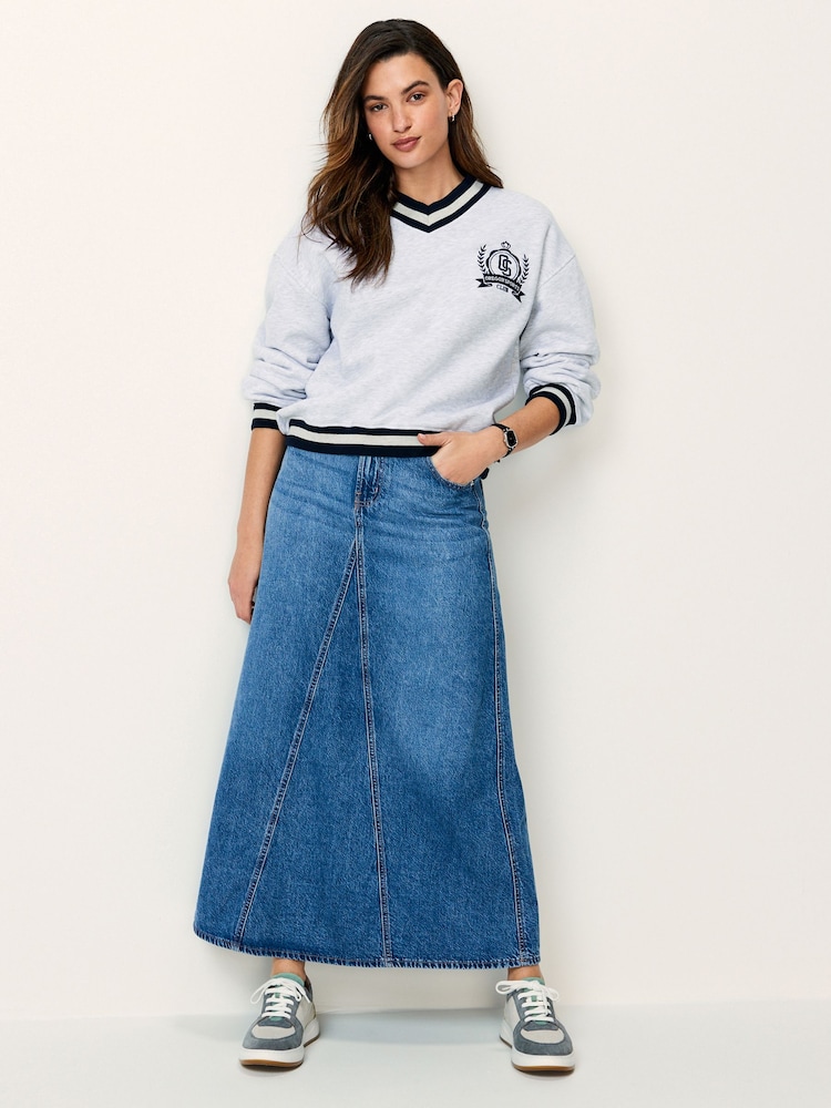 Grey Tipped V-Neck Preppy Varsity Collegiate Graphic Slogan Sweatshirt - Image 2 of 7