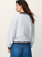 Grey Tipped V-Neck Preppy Varsity Collegiate Graphic Slogan Sweatshirt - Image 4 of 7