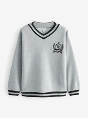 Grey Tipped V-Neck Preppy Varsity Collegiate Graphic Slogan Sweatshirt - Image 6 of 7