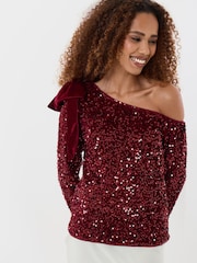 Threadbare Red Sequin Slash Neck Top with Bow Detail - Image 1 of 5