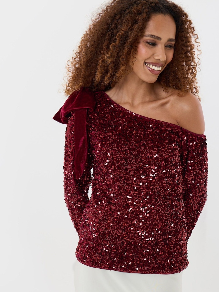 Threadbare Red Sequin Slash Neck Top with Bow Detail - Image 1 of 5 Threadbare Red Sequin Slash Neck Top with Bow Detail - Image 1 of 5