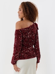 Threadbare Red Sequin Slash Neck Top with Bow Detail - Image 2 of 5