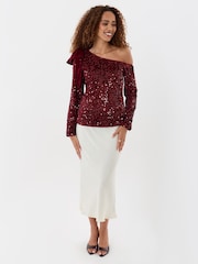 Threadbare Red Sequin Slash Neck Top with Bow Detail - Image 3 of 5