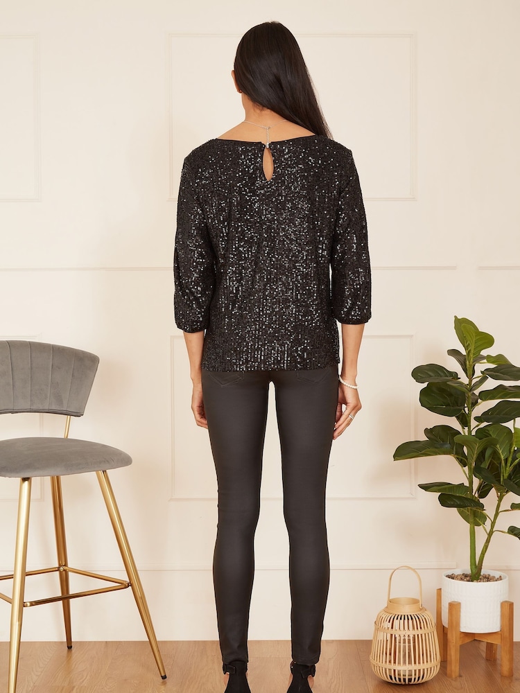 Yumi Black Sequin Slit Sleeve Top - Image 2 of 5
