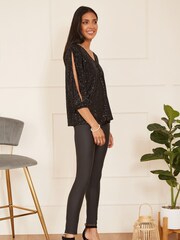 Yumi Black Sequin Slit Sleeve Top - Image 3 of 5