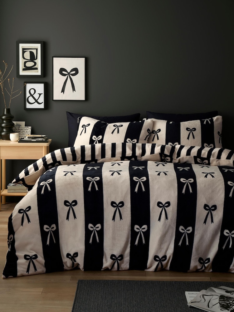 Fusion Monochrome Bows Fleece Duvet Cover & Pillowcase Set - Image 1 of 5 Fusion Monochrome Bows Fleece Duvet Cover & Pillowcase Set - Image 1 of 5
