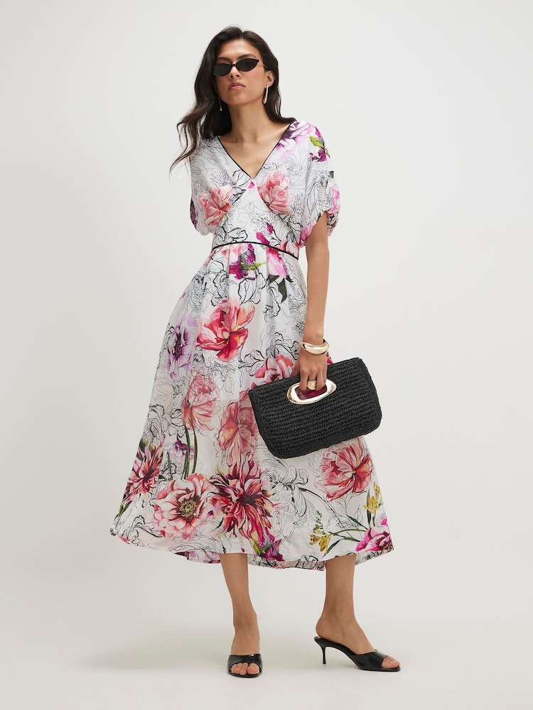 River Island 花柄パフスリーブミディワンピース - 画像 1 / 4