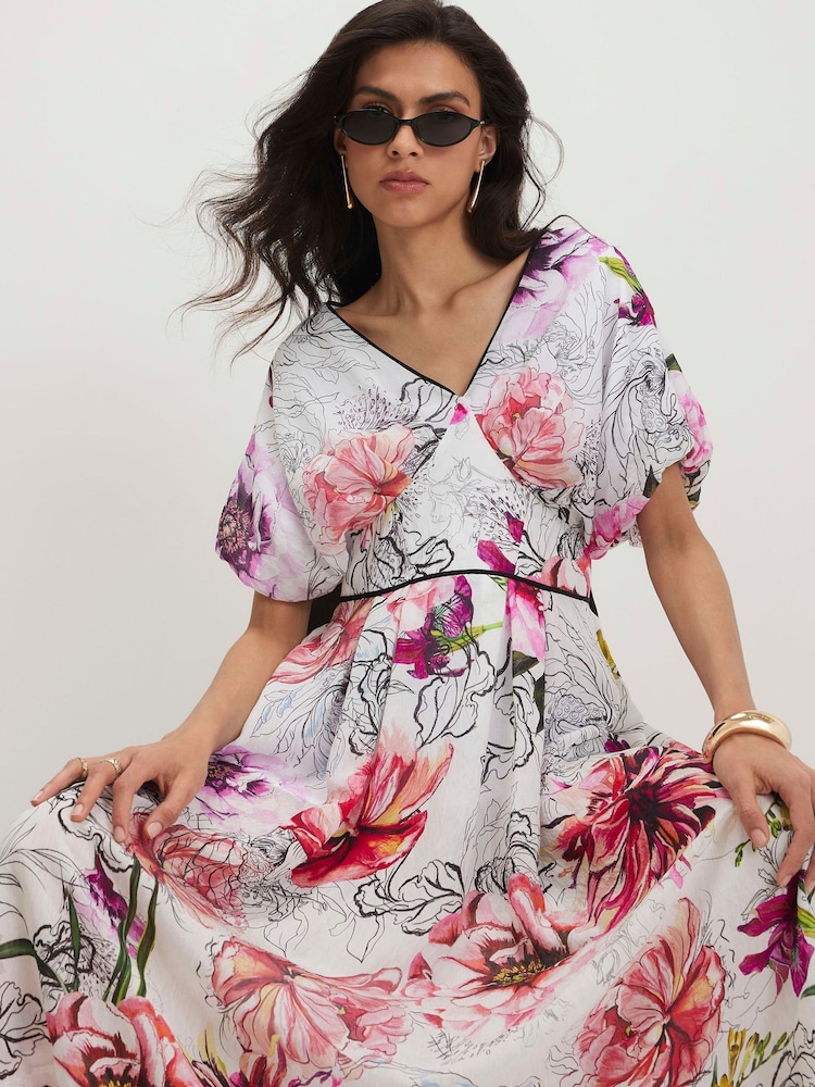 River Island 花柄パフスリーブミディワンピース - 画像 4 / 4