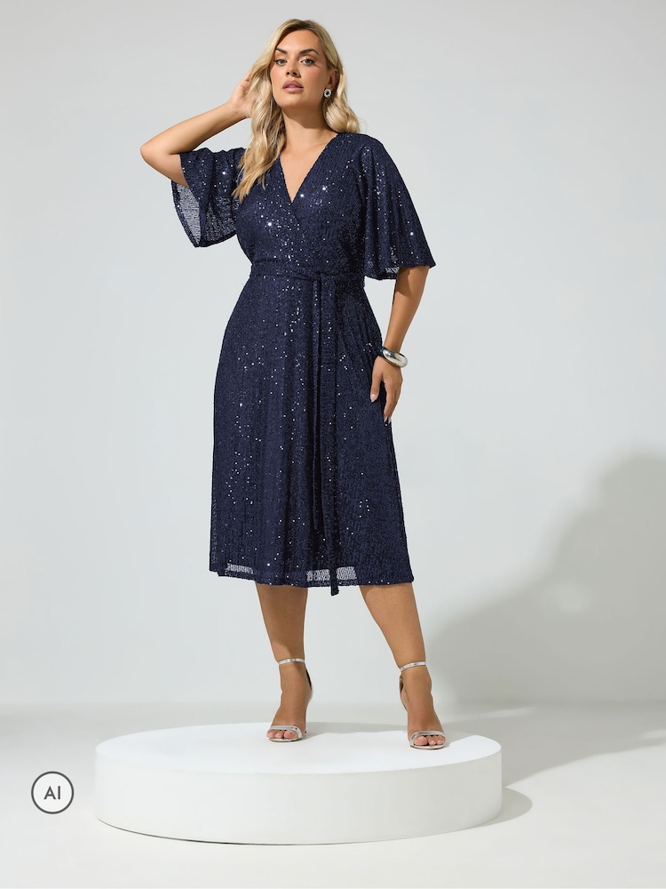 Yours Curve Blue London Sequin Finish Wrap Dress - Image 1 of 5