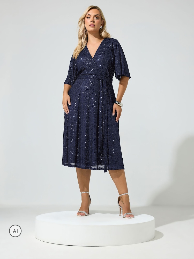 Yours Curve Blue London Sequin Finish Wrap Dress - Image 2 of 5
