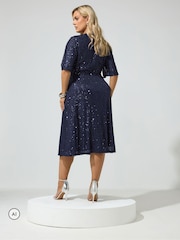 Yours Curve Blue London Sequin Finish Wrap Dress - Image 3 of 5