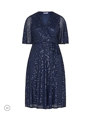 Yours Curve Blue London Sequin Finish Wrap Dress - Image 4 of 5