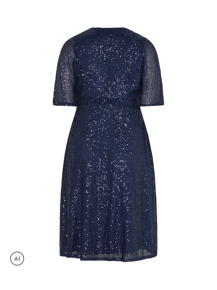 Yours Curve Blue London Sequin Finish Wrap Dress - Image 5 of 5