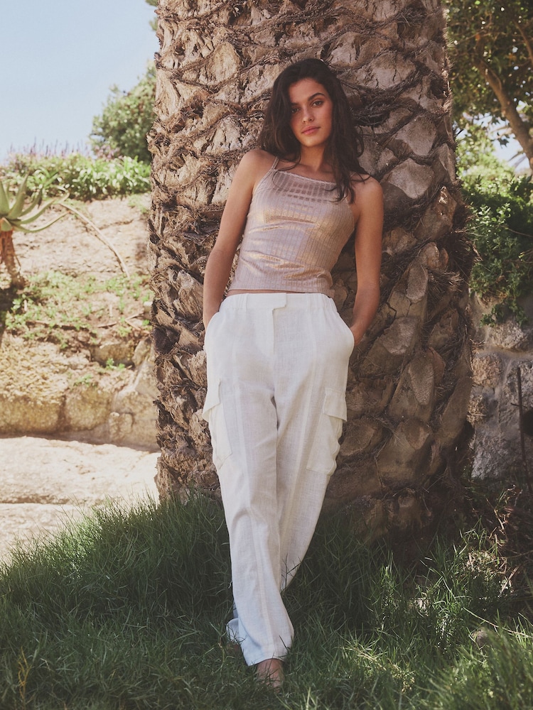 White Smart Linen Blend Cargo Taper Trousers - Image 1 of 6