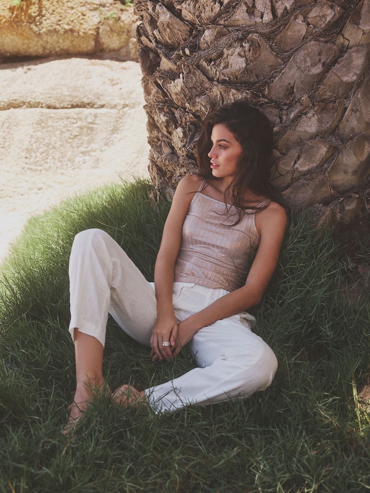 White Smart Linen Blend Cargo Taper Trousers - Image 2 of 6