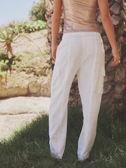 White Smart Linen Blend Cargo Taper Trousers - Image 3 of 6