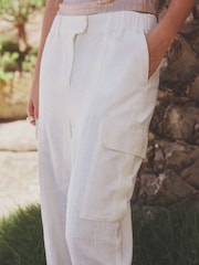 White Smart Linen Blend Cargo Taper Trousers - Image 4 of 6