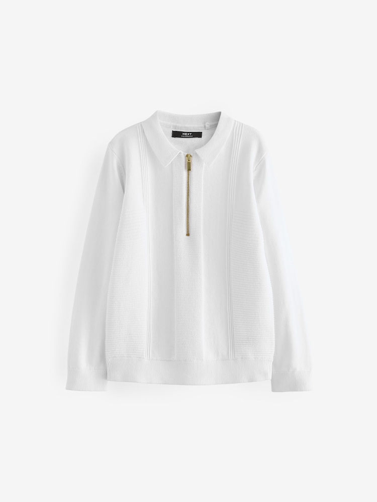 White Quarter Zip 100% Cotton Long Sleeve Knitted Polo Shirt (3-16yrs) - Image 1 of 5