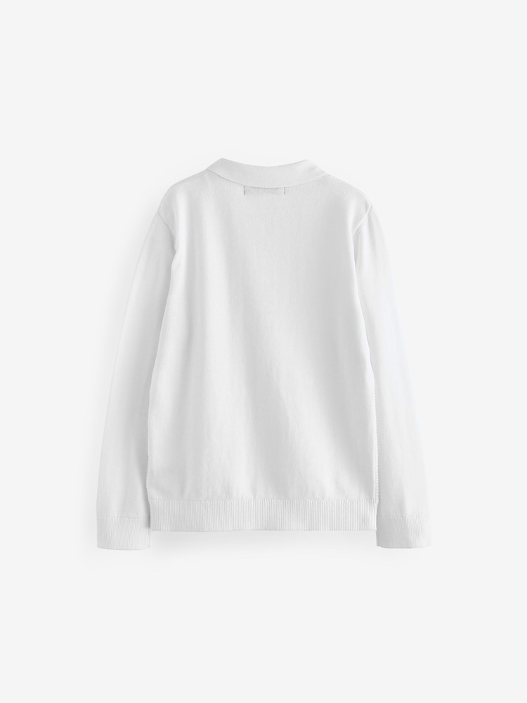White Quarter Zip 100% Cotton Long Sleeve Knitted Polo Shirt (3-16yrs) - Image 2 of 5