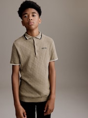 Tan Brown 100% Cotton Textured Knitted Polo Shirt (3-16yrs) - Image 1 of 8