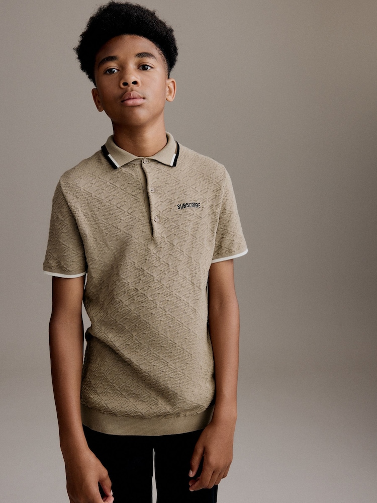Tan Brown 100% Cotton Textured Knitted Polo Shirt (3-16yrs) - Image 1 of 8