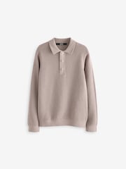 Natural Long Sleeve 100% Cotton Textured Polo Shirt (3-16yrs) - Image 1 of 3
